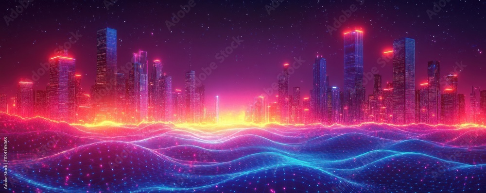 Poster futuristic cyberpunk skyline digital background for technology communication data transfer and artif