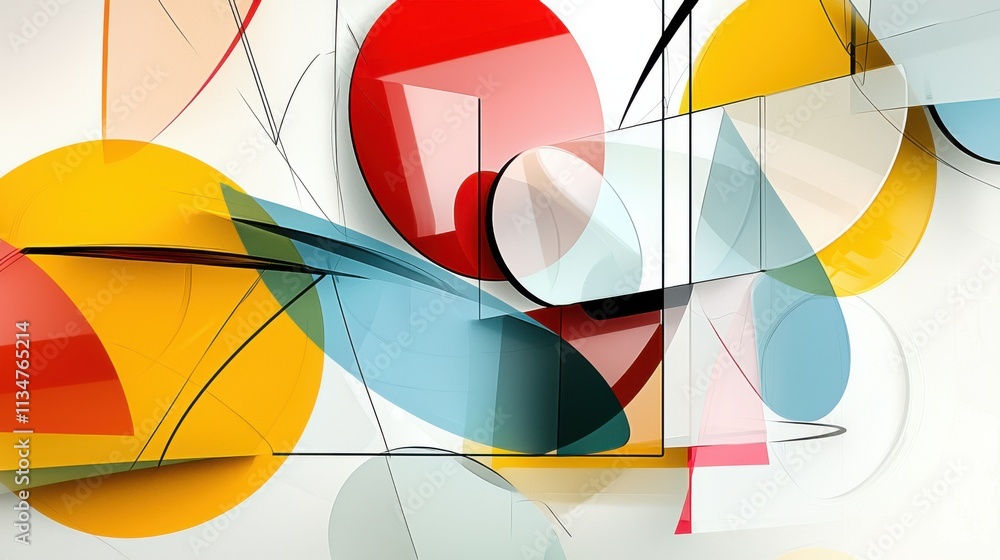 Poster vibrant geometric shapes composition with overlapping colorful abstract patterns and shapes