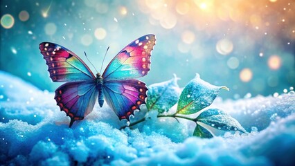 A vibrant butterfly with iridescent wings rests gently on a snow-covered leaf, a delicate contrast of life and winter's embrace.