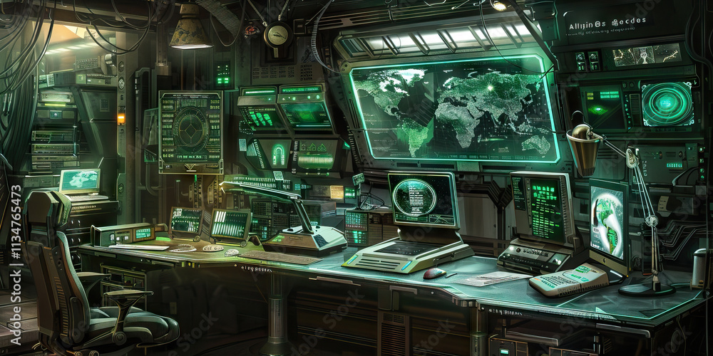 Poster futuristic control room interior with multiple computer monitors and data displays
