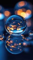 Droplets on a perfectly smooth glass surface, close-up macro shot with soft focus