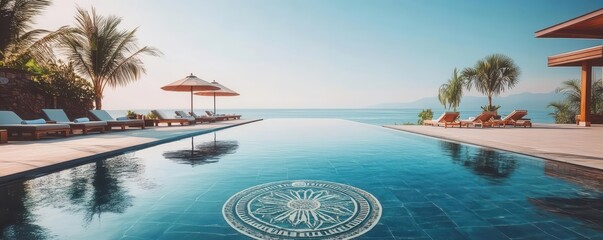 Infinity pool merging seamlessly with a clear horizon, tranquil and harmonious vibe