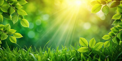 Obraz premium Captivating Leaves and Grass Illuminated by Sunlight Against a Softly Blurred Background, Perfect for Nature Themes and Freshness in Design Projects