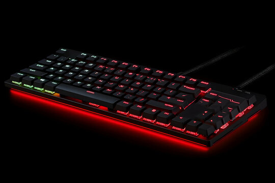 Illuminated gaming keyboard with red and green backlight.
