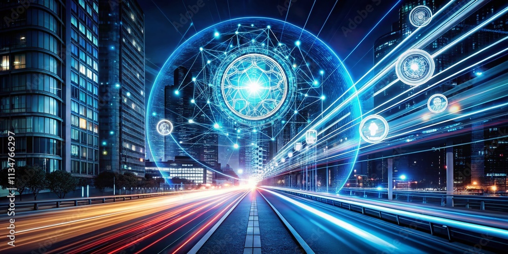 Poster captivating long exposure image illustrating the concept of artificial intelligence with dynamic lig