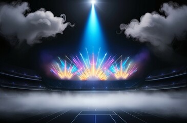 Purple podium on a black background with blue lights curtains. 3d rendering