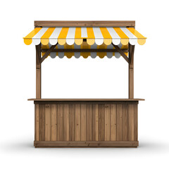 Realistic market stall booth, isolated 3d  empty wooden stall with striped canopy