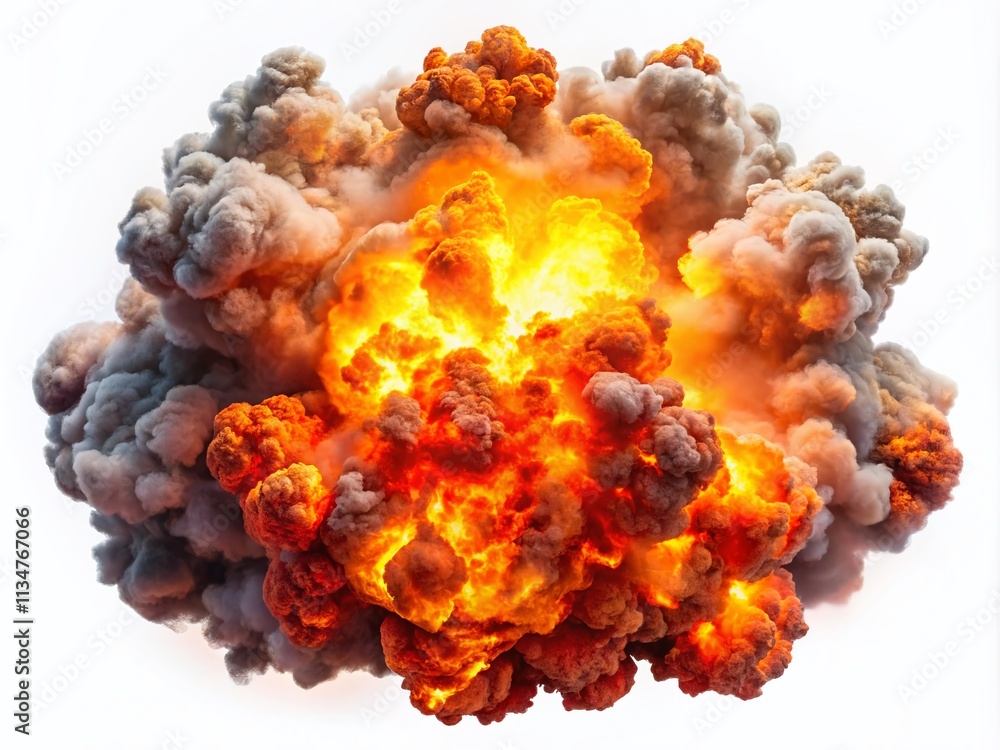 Poster captivating long exposure of an explosive fire and smoke eruption isolated on white background, show