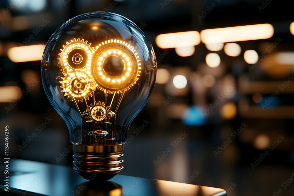 Poster illuminated lightbulb with gears inside, showcasing innovation and mechanism.