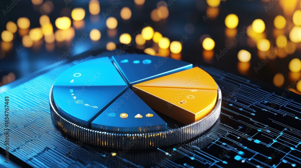 Poster colorful pie chart on abstract digital background with bokeh lights