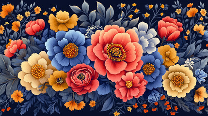 Intricate traditional fabric design featuring colorful floral patterns and textures