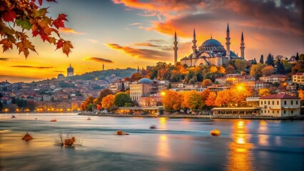 Fototapeta premium Captivating Long Exposure of Autumn in Istanbul Showcasing Colorful Leaves and Historic Architecture Along the Bosphorus with Soft Water Flow and Vibrant Sky at Dusk