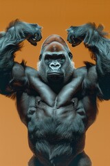 Powerful gorilla showcasing strength against a vibrant orange backdrop in a natural setting