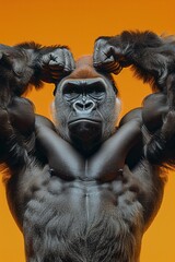 Strong gorilla displays impressive physique against bold orange background showcasing its natural power and dominance