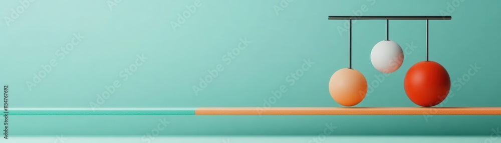 Poster a minimalist design featuring three colorful spheres suspended from a horizontal bar against a soft 