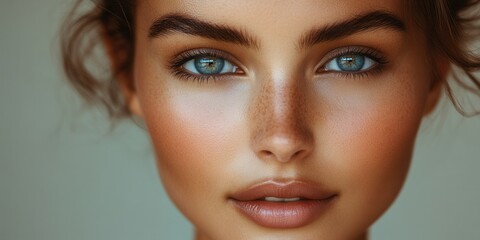Fototapeta premium Close-up of a young woman showcasing striking blue eyes and natural makeup with warm skin tones illuminated by soft light in a studio setting
