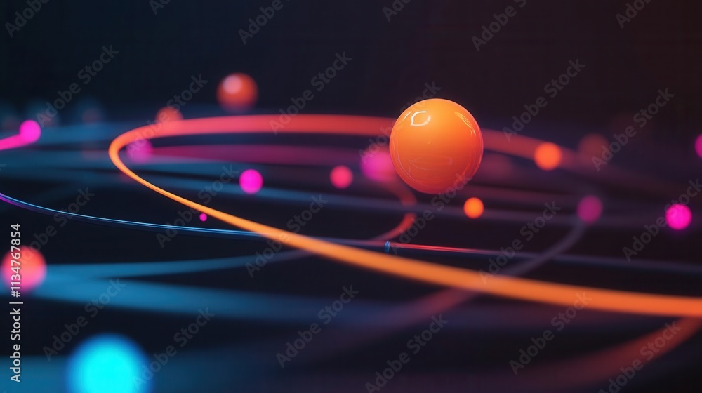 Poster a vibrant digital representation of atomic orbits featuring colorful spheres, illustrating a dynamic