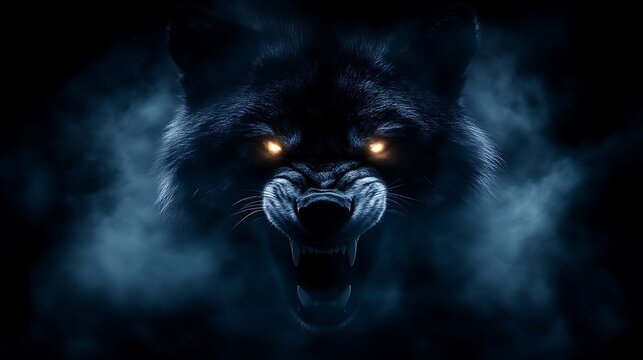 Glowing-eyed wolf snarling in dark mist.