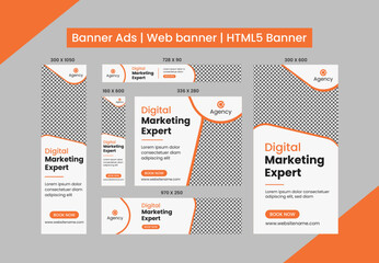 HTML5 banner ads design web template Set, Horizontal header web banner. Editable Google display ads banner set template	