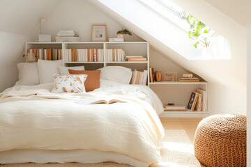 A cozy bedroom featuring sloped ceiling, neatly made bed with soft linens, and bookshelf filled with books. warm, inviting atmosphere is enhanced by natural light and decorative elements
