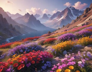 Colorful flowers and mountains in a serene landscape, mountain peaks, scenery,