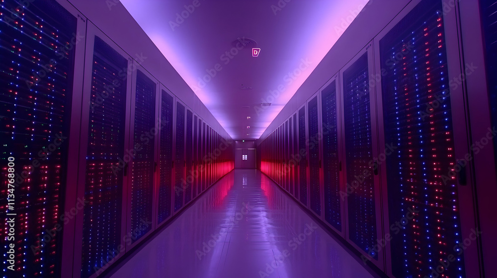 Poster illuminated server room corridor with rows of data storage racks.