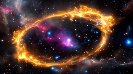 Cosmic Ring Nebula Encircles Stellar Dust - A fiery cosmic ring encircles a vibrant nebula, symbolizing creation, eternity, mystery, power, and wonder.  The image evokes a sense of awe and the vastnes