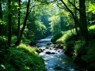 Fototapeta premium Serene Forest Stream with Dappled Sunlight