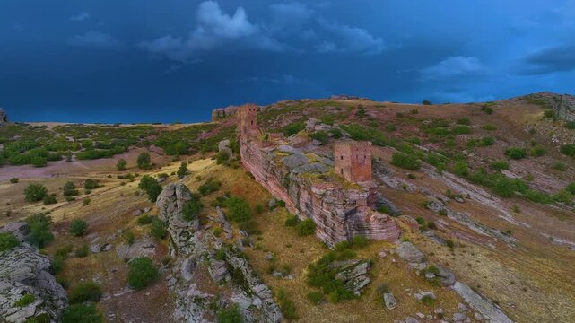Landscape at the castle of Zafra (12th century). Municipality Campillo Due&ntilde;as. Aerial view from drone. Molina Alto Tajo Geopark. Alto Tajo Natural Park. Guadalajara. Castilla la Mancha. Spain. Europe