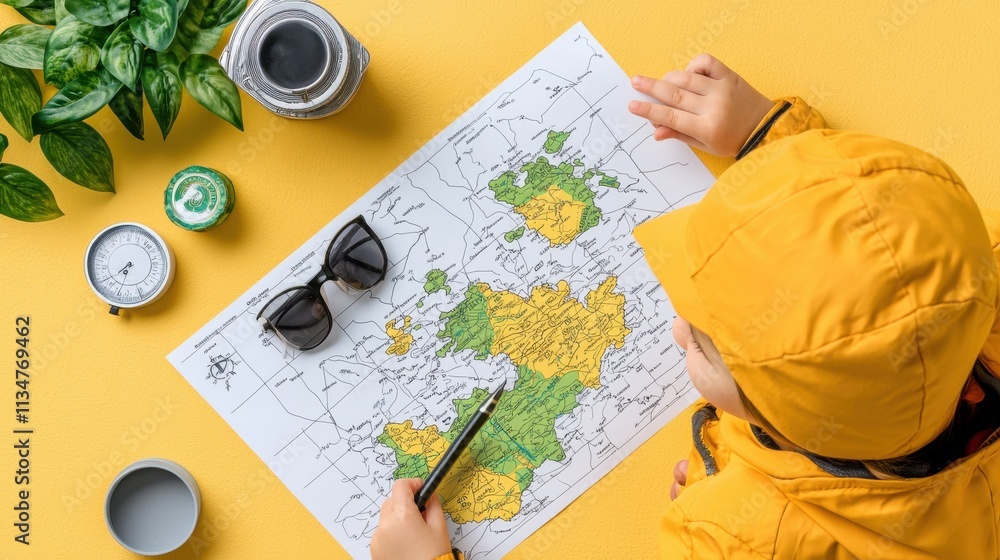 Poster aerial view of detailed world map with compass and nature elements on yellow background
