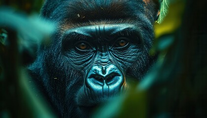 Obraz premium Majestic gorilla peering through dense foliage in a vibrant rainforest during the early morning hours