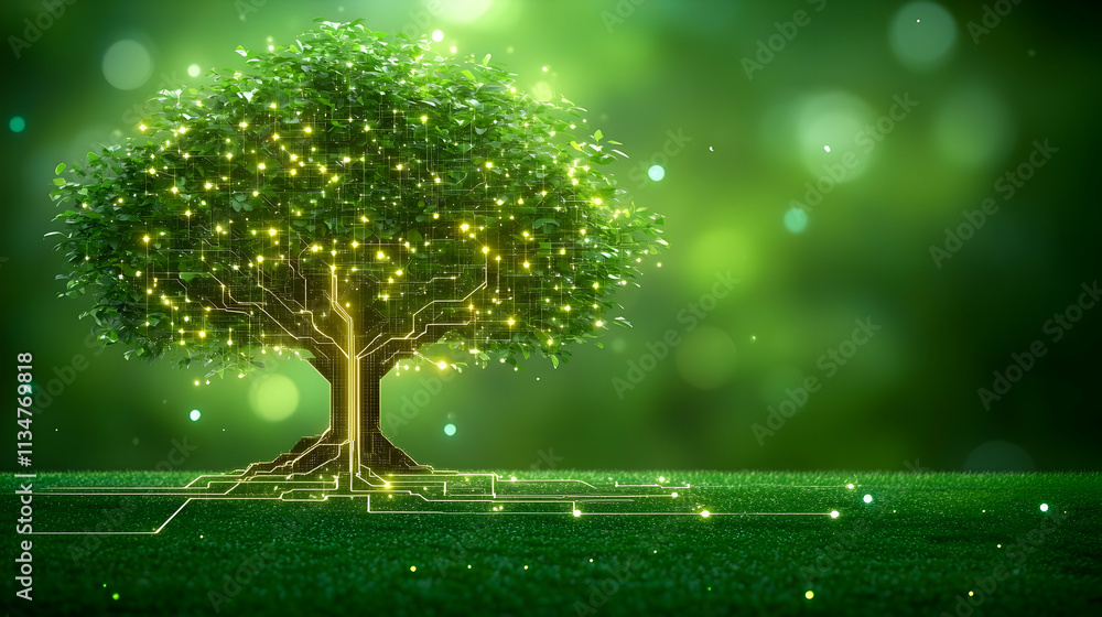 Aufkleber illuminated tree with glowing branches and roots on green grass.