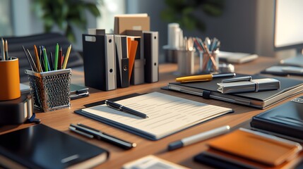 An organized desk with recycled office supplies including pens, notebooks, and folders, giving an eco-friendly, professional look.