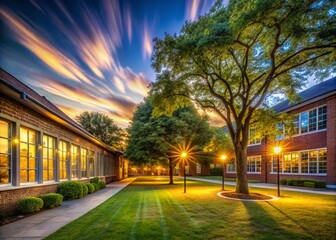 Obraz premium Captivating Long Exposure Photography of a Tranquil Schoolyard at Dusk with Soft Glowing Lights and Gentle Motion, Perfect for Educational Themes and Serene Atmospheres