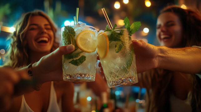 A group of cheerful friends drink alcoholic drinks and laugh at the outdoor bar
