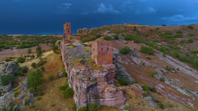 Landscape at the castle of Zafra (12th century). Municipality Campillo Due&ntilde;as. Aerial view from drone. Molina Alto Tajo Geopark. Alto Tajo Natural Park. Guadalajara. Castilla la Mancha. Spain. Europe