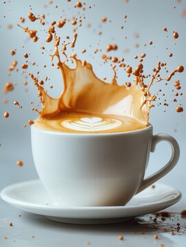 Coffee art with splashes of espresso and cream captured in a moment of dynamic motion in a white cup on a neutral background