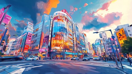 Ximending intersection area, a digital painting of landscape of public landmark shopping street and business building in Taipei city, Taiwan raster 3D illustration anime background.