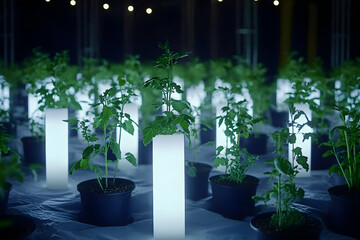 Illuminated young tomato plants growing in pots under artificial lights in a dark indoor farm.