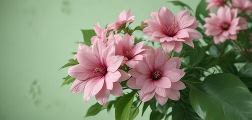 Delicate abstract pink flower arrangement against a soft green leaf background, greenery, floral arrangement