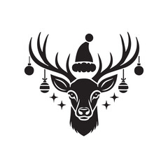 Christmas deer face vector logo mascot design. Flat design. A black and white deer with a geometric pattern on its face and antlers on its head, with a white background © firoz