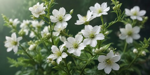 delicate white flowers unfolding in clusters on a green stem , nature scenery, forest floor blossoms, anemone spring flowers