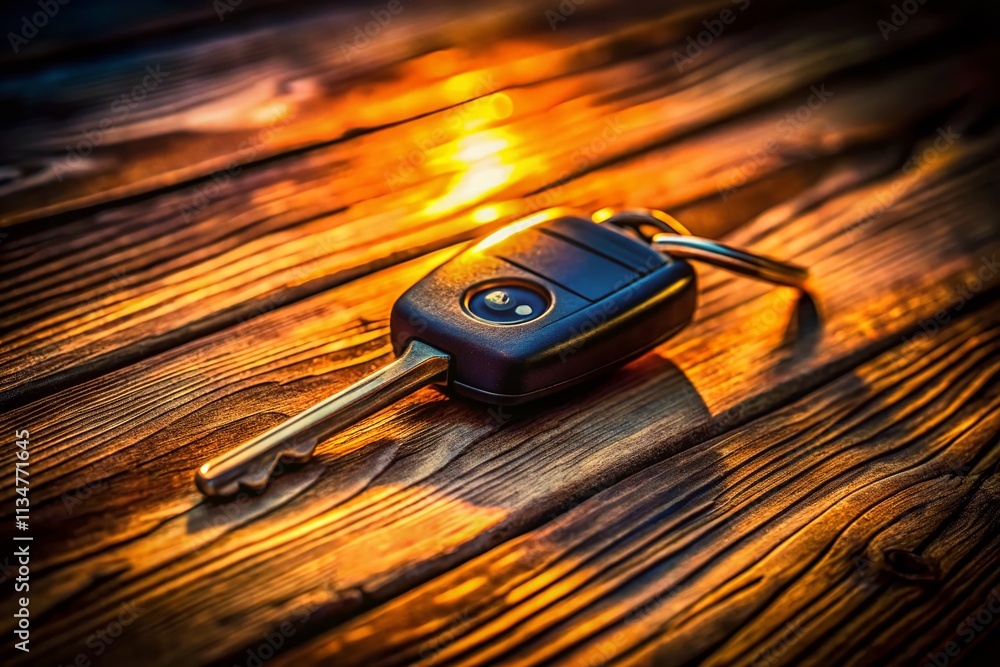 Poster captivating low light photography of a car key resting on a wooden surface with subtle reflections a