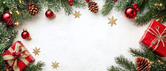 Festive Christmas Border with Red Ornaments, Pine Cones, and Gifts