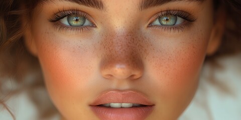 Fototapeta premium Captivating close-up of a model with striking green eyes and natural freckles in warm light, showcasing beauty and radiance during a photoshoot