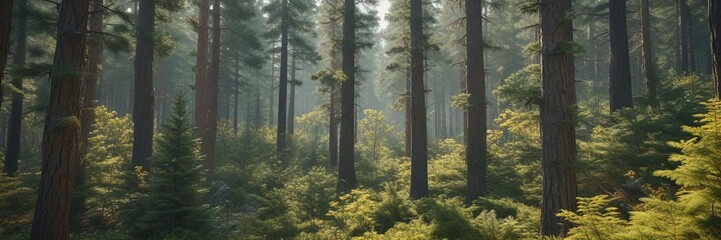 Dense forest covered in pine trees with abundant pollen in the air, tree pollen, forest ecosystem, pine pollen