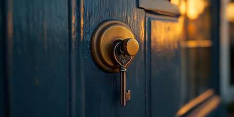 Obraz premium Key in antique door lock at sunset.