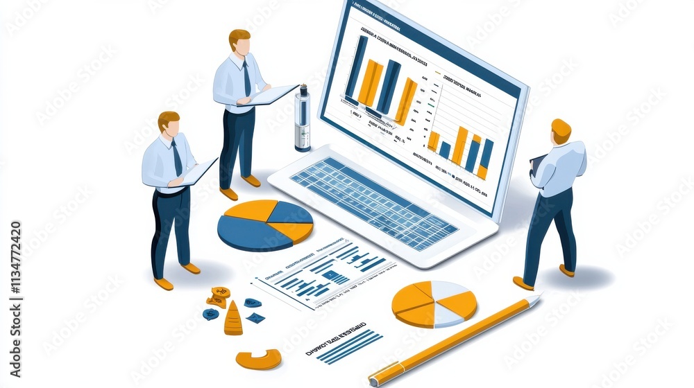 Aufkleber team and data driven business analytics presentation on laptop with graphs and charts