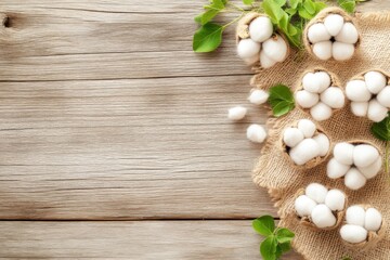 Cotton bundles neatly arranged on rustic wood