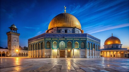 Fototapeta premium Captivating Low Light Photography of Al-Aqsa Mosque at Night with Illuminated Dome and Surrounding Architecture, Highlighting Serenity and Spirituality in the Heart of Jerusalem